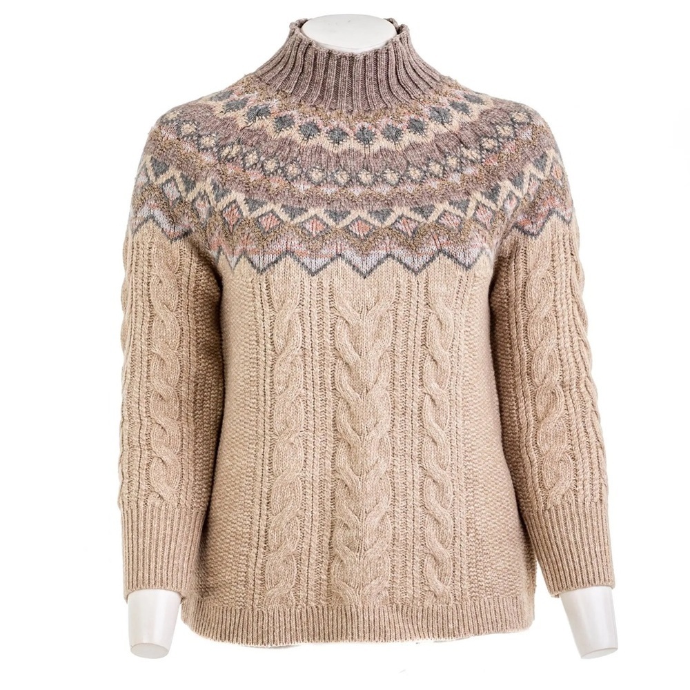 Chicos Petite XL 3 Fair Isle Mockneck pullover Sweater Cable Knit Winter Holiday